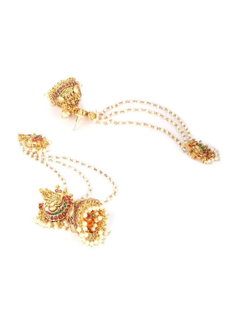 Priyaasi Plated White Stones Beaded Peacock Chained Jhumkas Earrings