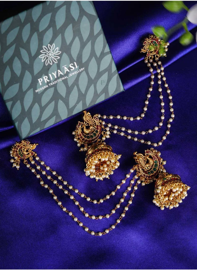 Priyaasi Plated White Stones Beaded Peacock Chained Jhumkas Earrings