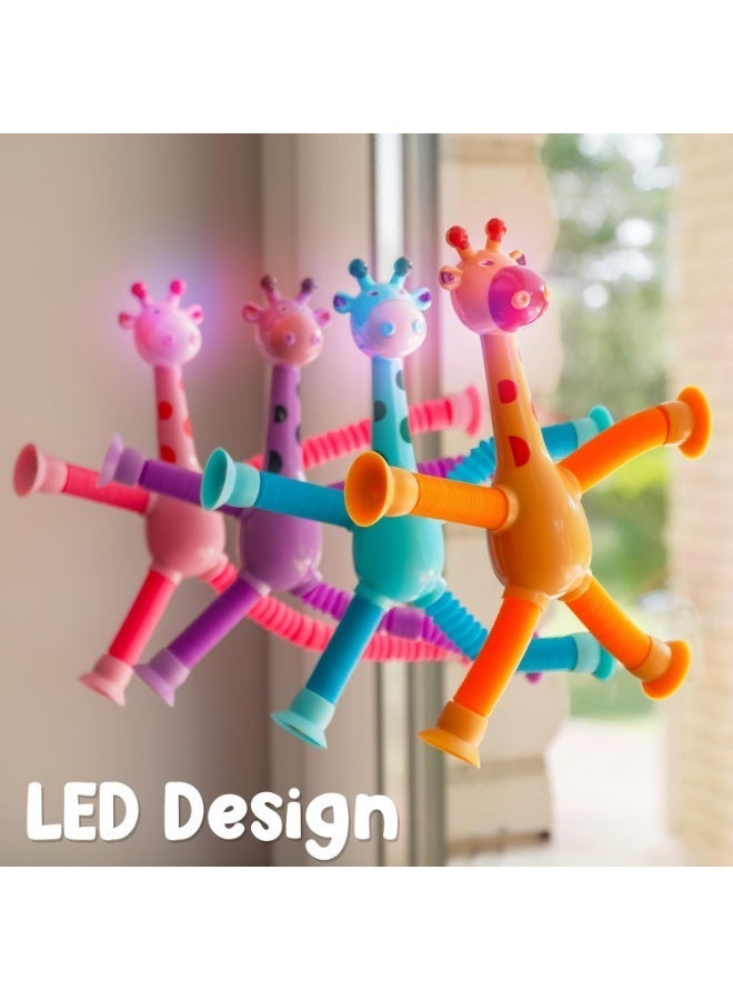 ARGT مجموعة ألعاب الفidget LED زرافة تلسكوبية من 4 قطع | أنابيب بوب متغيرة الشكل مع أكواب شفط | ألعاب حسية قابلة للتمديد للأطفال من عمر 3 سنوات فما فوق - Image 4