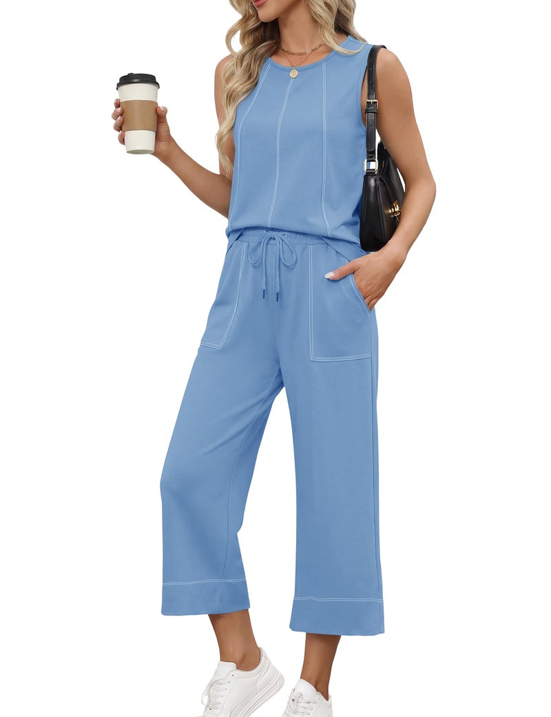 LOMON Pants Sets Women 2 Piece Outfits Sleeveless Round Neck Top Elastic Waist Wide Leg Pant Matching Sets(Light Blue,S) - Image 2