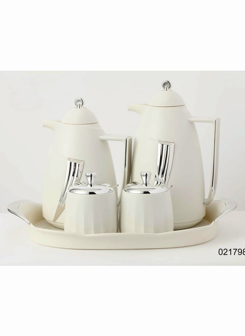 AL OSTORAH - A 5-piece set consisting of two thermoses, 1 liter and 0.7 liter, silver and white, in addition to a luxurious serving tray and two boxes for serving sugar, sweets, dates and nuts. - Image 1