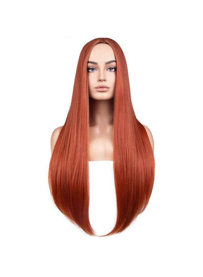 بيرون باروكة شعر نسائية برتقالية داكنة من بيرون، شعر مستعار طويل مستقيم، جزء وسطي أحمر اللون، مقاومة للحرارة، شعر مستعار صناعي لحفلات التنكر أو للاستخدام اليومي - Image 1