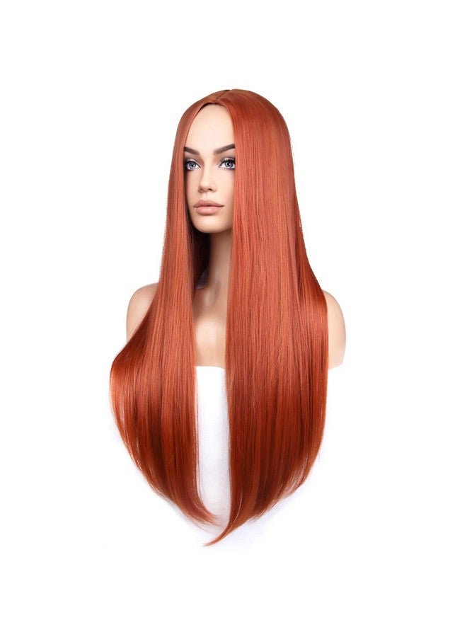 بيرون باروكة شعر نسائية برتقالية داكنة من بيرون، شعر مستعار طويل مستقيم، جزء وسطي أحمر اللون، مقاومة للحرارة، شعر مستعار صناعي لحفلات التنكر أو للاستخدام اليومي - Image 2