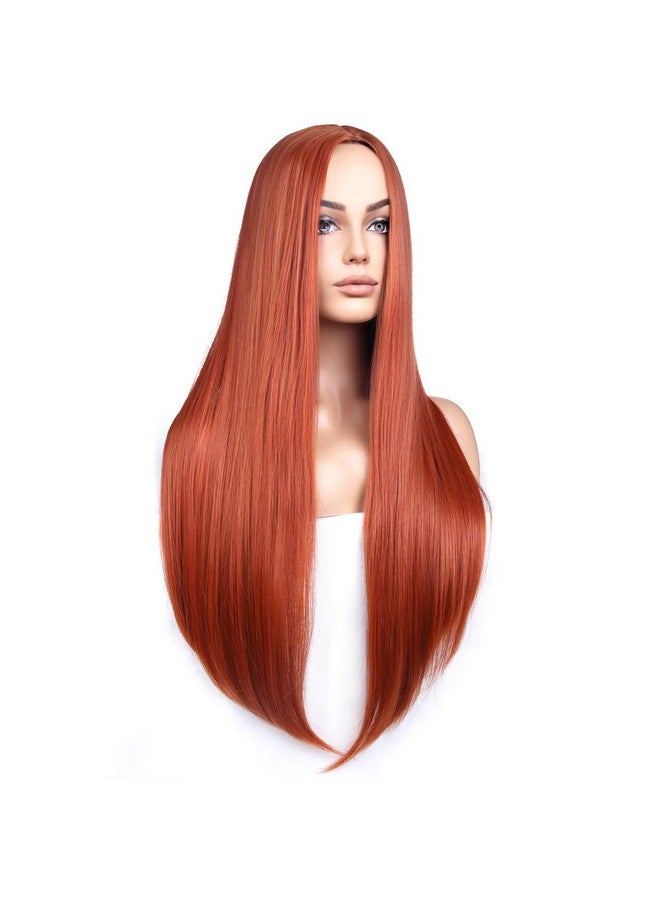 بيرون باروكة شعر نسائية برتقالية داكنة من بيرون، شعر مستعار طويل مستقيم، جزء وسطي أحمر اللون، مقاومة للحرارة، شعر مستعار صناعي لحفلات التنكر أو للاستخدام اليومي - Image 3