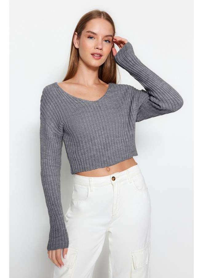 trendyol Anthracite Crop Basic V-Neck Knitwear Sweater TWOAW24KZ01214 - Image 1