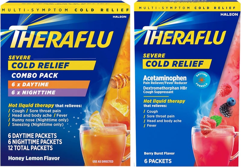 Theraflu Combo Daytime and Nighttime Severe Cold Relief Honey Lemon Flavor Powder_ and Daytime Severe Cold Relief Berry Burst Flavor Powder _6 Daytime  6 Nighttime and 6 Berry Burst Powder Packets - Image 1