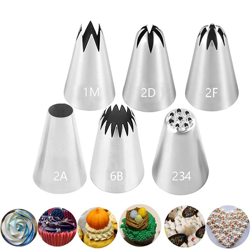 Large Icing Piping Tips Set for Cake Decorating6 Decorating Tips Stainless Steel Pastry TipsFlower Frosting Tips Nozzles1M 2A 2D 2F 6B 234