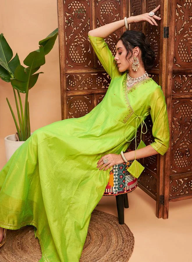 SASSAFRAS Embroidered Lace Trim Wrap Styli Maxi Dress by Styli