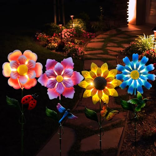 GUANFU Solar Garden Stakes Lights for Outdoor Decor, 4 Pack Waterproof Metal Art Stick Flowers, Light for Outside Garden Patio Pathway Yard Backyard Porch Lawn - Image 1