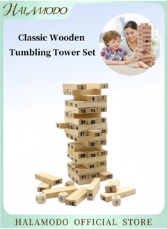 Tumble Tower Classic Wooden Tumbling Tower Set of 54pcs Pine Wooden Stacking Timber & 4pcs Dice Mini Tumble Tower Parent-child Interactive Game Outdoor Block Game for Kids & Family