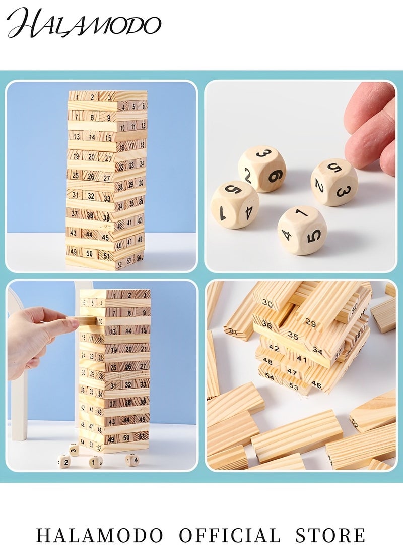 HALAMODO - Tumble Tower Classic Wooden Tumbling Tower Set of 54pcs Pine Wooden Stacking Timber & 4pcs Dice Mini Tumble Tower Parent-child Interactive Game Outdoor Block Game for Kids & Family - Image 1