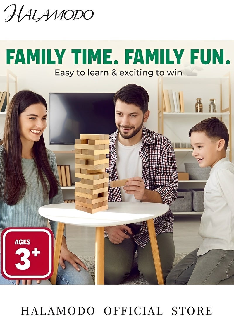 HALAMODO - Tumble Tower Classic Wooden Tumbling Tower Set of 54pcs Pine Wooden Stacking Timber & 4pcs Dice Mini Tumble Tower Parent-child Interactive Game Outdoor Block Game for Kids & Family - Image 1