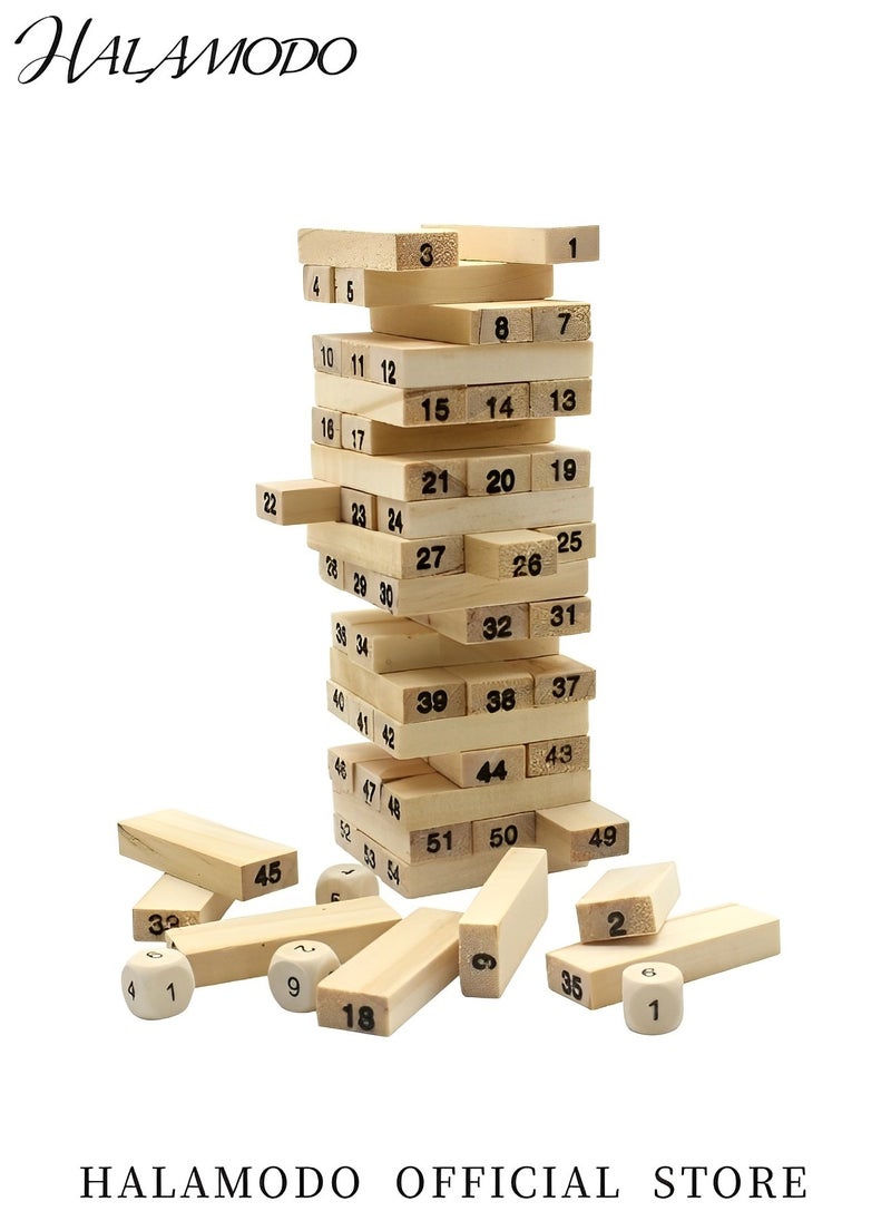 HALAMODO - Tumble Tower Classic Wooden Tumbling Tower Set of 54pcs Pine Wooden Stacking Timber & 4pcs Dice Mini Tumble Tower Parent-child Interactive Game Outdoor Block Game for Kids & Family - Image 1