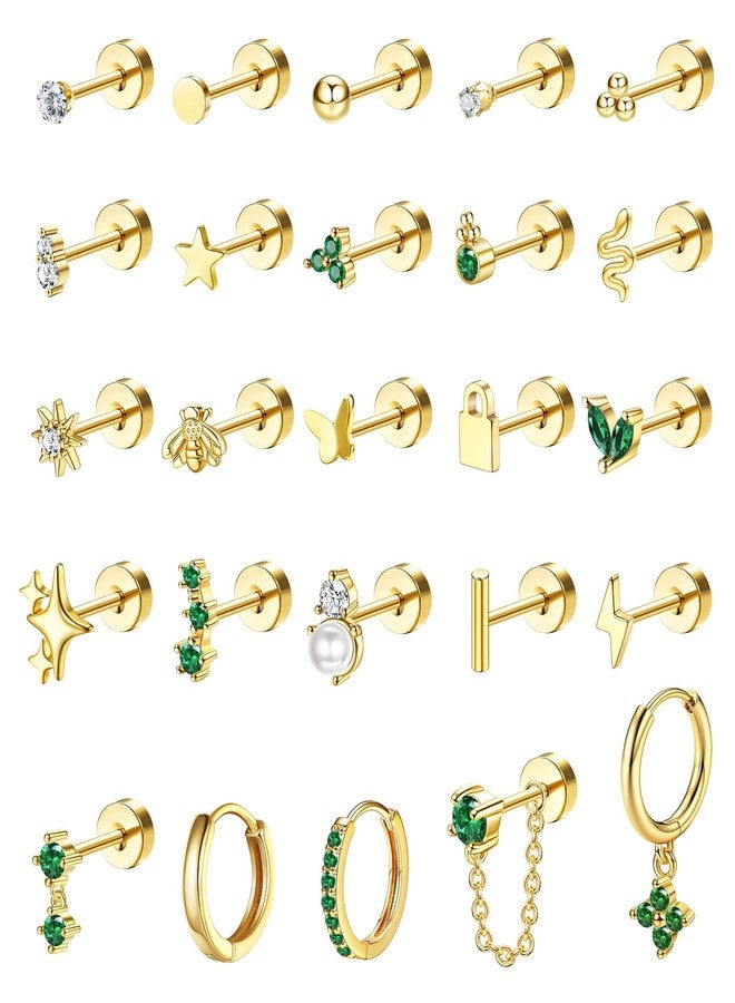 Jstyle 25 Pcs Hypoallergenic Earrings for Sensitive Ears Surgical Stainless Steel Earrings for Women Dainty Flat Back Earring Studs Hoop Cartilage Earring Set for Multiple Piercing, Stainless Steel - Image 1