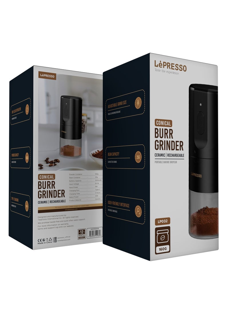 LePRESSO - 160g Conical Burr Grinder with Adjustable Grind Size / User-Friendly Interface / Rechargeable / Portable Coffee Grinder / One-Click Operation / 25g Bean Capacity / Type-C Charging Port - Black - Image 1