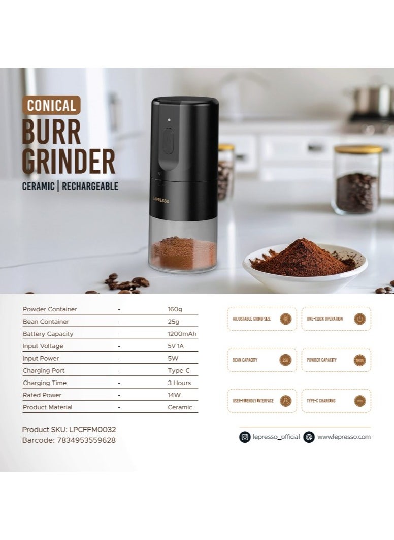 LePRESSO 160g Conical Burr Grinder with Adjustable Grind Size / User-Friendly Interface / Rechargeable / Portable Coffee Grinder / One-Click Operation / 25g Bean Capacity / Type-C Charging Port - Black  - Image 5