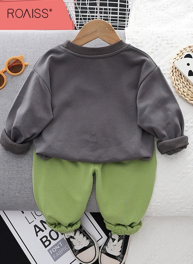 رويس 2 قطعة من ملابس الخريف والربيع للأولاد، طقم أنيق من قميص من النوع الثقيل وسروال للأطفال الصغار، قميص بياقة مستديرة وأكمام طويلة وسروال بخصر مطاطي وأساور، مناسب للارتداء اليومي أو أي مناسبة - Image 2