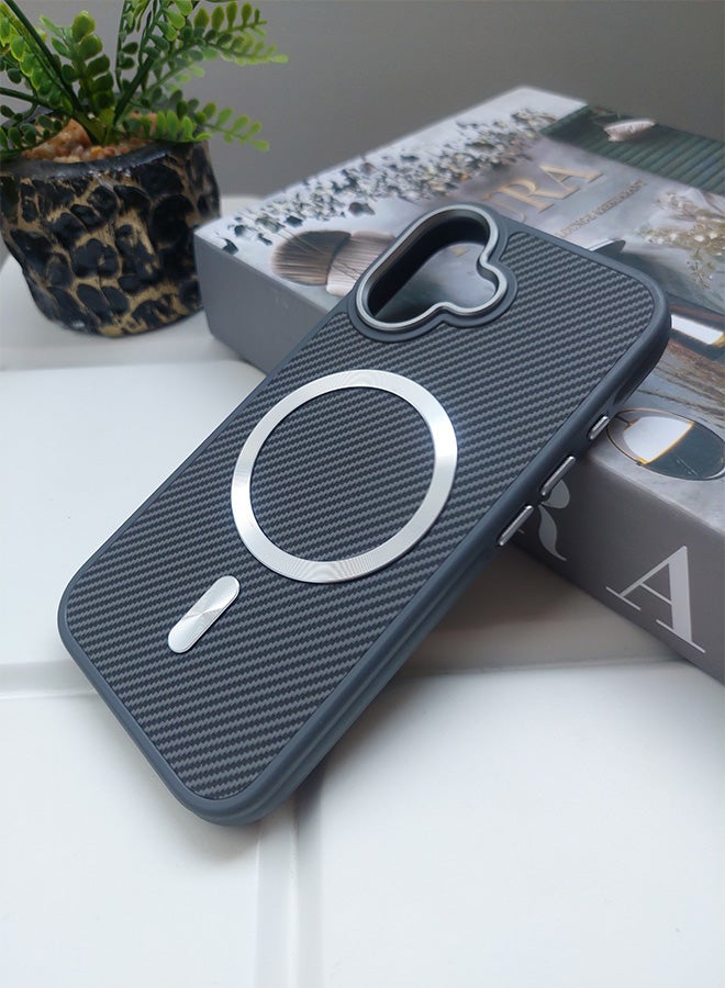 Magnetic Carbon Fiber Back Case for iPhone 16, Rugged Shockproof MagSafe Phone Case, Ultra Slim Case with Padded Interior to Prevent Your Phone's Back from Scratches, Supports Wireless Charging, Heavy Duty Protection and Anti-Scratch, for iPhone 16 - Grey  - Image 3