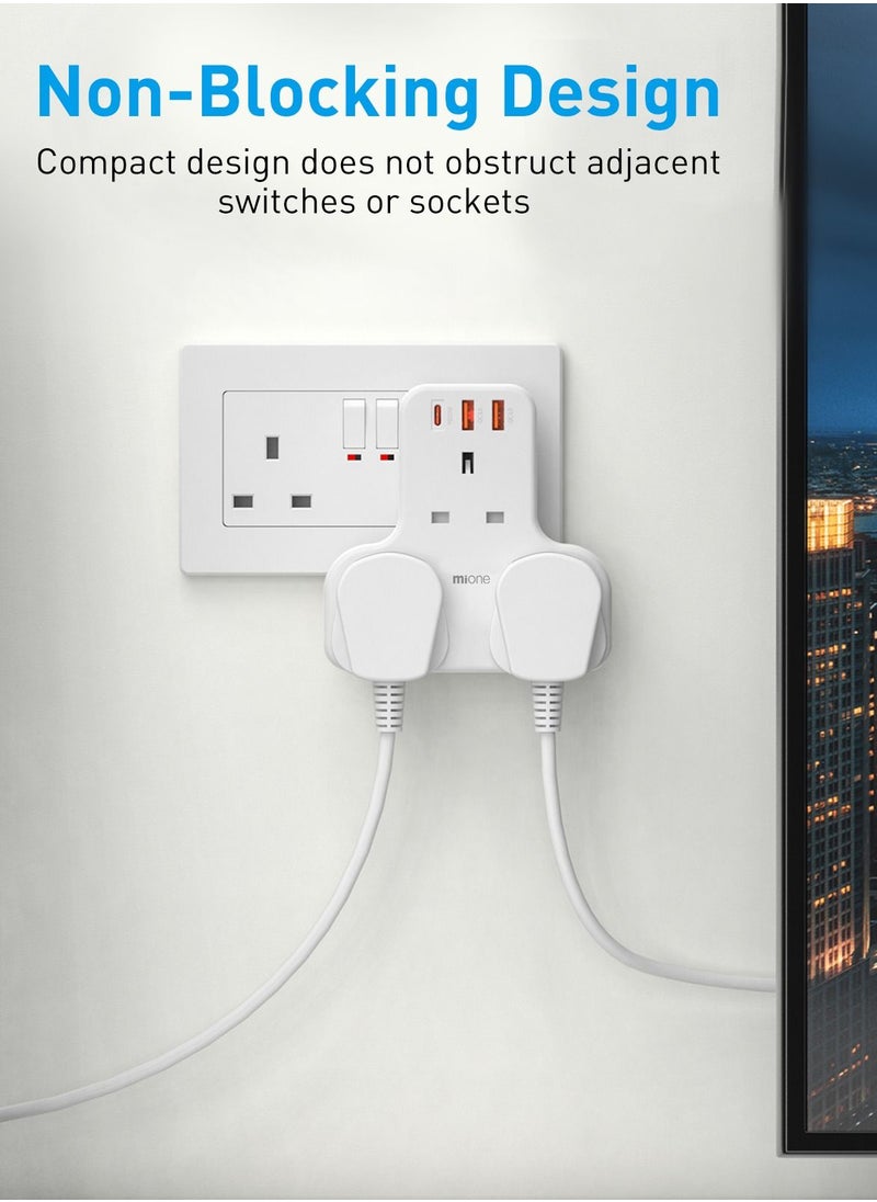MiOne - Multi-plug Extension power adapter 3-way wall charger Extensions socket  with 2 USB and 20W USB-C fast charging, socket charging station (without cable) - Image 1