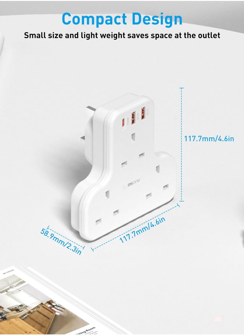 MiOne - Multi-plug Extension power adapter 3-way wall charger Extensions socket  with 2 USB and 20W USB-C fast charging, socket charging station (without cable) - Image 1