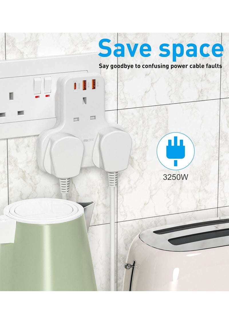 MiOne - Multi-plug Extension power adapter 3-way wall charger Extensions socket  with 2 USB and 20W USB-C fast charging, socket charging station (without cable) - Image 1