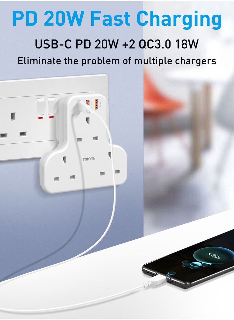 MiOne - Multi-plug Extension power adapter 3-way wall charger Extensions socket  with 2 USB and 20W USB-C fast charging, socket charging station (without cable) - Image 1