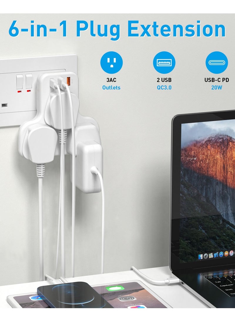 MiOne - Multi-plug Extension power adapter 3-way wall charger Extensions socket  with 2 USB and 20W USB-C fast charging, socket charging station (without cable) - Image 1