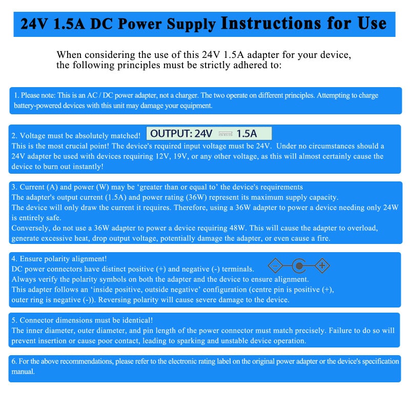 TKDY 24V 1.5A Power Supply, DC 24V Power Cord, fit for DC24V 1.5A 1A 0.5A LED Light Strip, 24 Volt Light Diffuser, and More, 100-240V 50/60hz 36W 24W Power Adapter with 5 Tips (Not for Charging). - Image 4