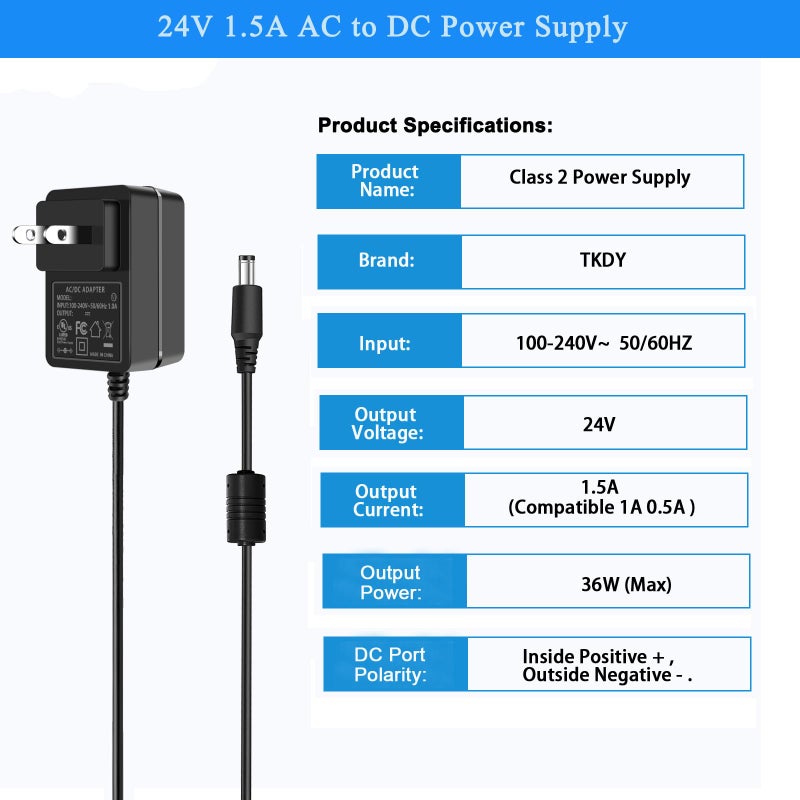 TKDY 24V 1.5A Power Supply, DC 24V Power Cord, fit for DC24V 1.5A 1A 0.5A LED Light Strip, 24 Volt Light Diffuser, and More, 100-240V 50/60hz 36W 24W Power Adapter with 5 Tips (Not for Charging). - Image 2