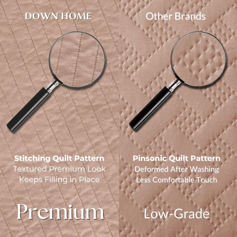 DOWN HOME King Quilt Bedding Set with Shams, Vintage Washed Soft Quilted Blanket Thin Comforter Lightweight Bedspread Coverlet Bed Cover, Brushed Microfiber Stripe Stitching, Desert Blush, 104"x90" - Image 3