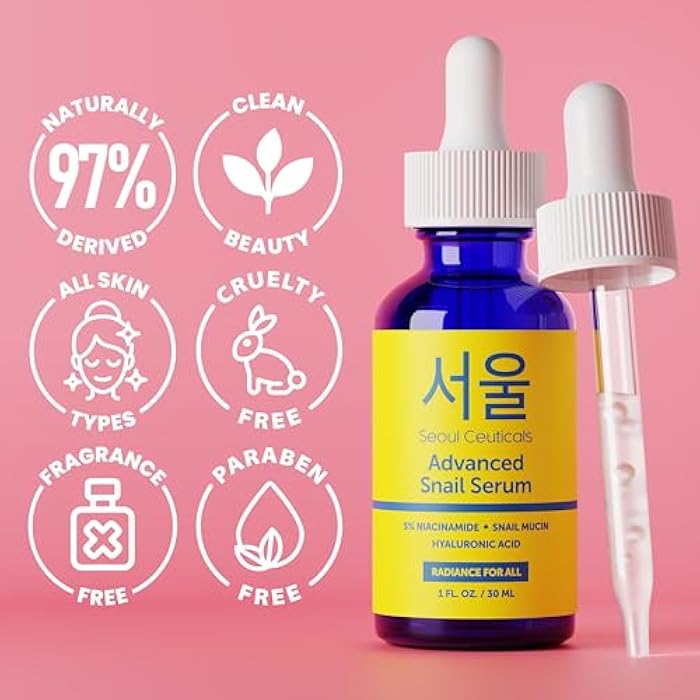 SeoulCeuticals Korean 5% Niacinamide + Snail Mucin 97.5% Essence Serum + Hyaluronic Acid, Cruelty Free Korean Skin Care, Natural & Organic Anti Aging Face Serum for Dull Skin, K Beauty 1oz - Image 5