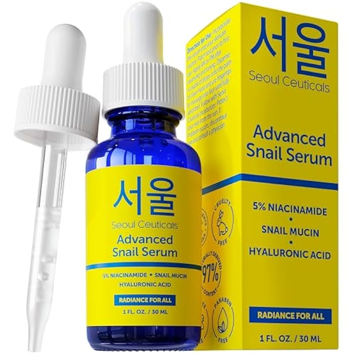 SeoulCeuticals Korean 5% Niacinamide + Snail Mucin 97.5% Essence Serum + Hyaluronic Acid, Cruelty Free Korean Skin Care, Natural & Organic Anti Aging Face Serum for Dull Skin, K Beauty 1oz - Image 1