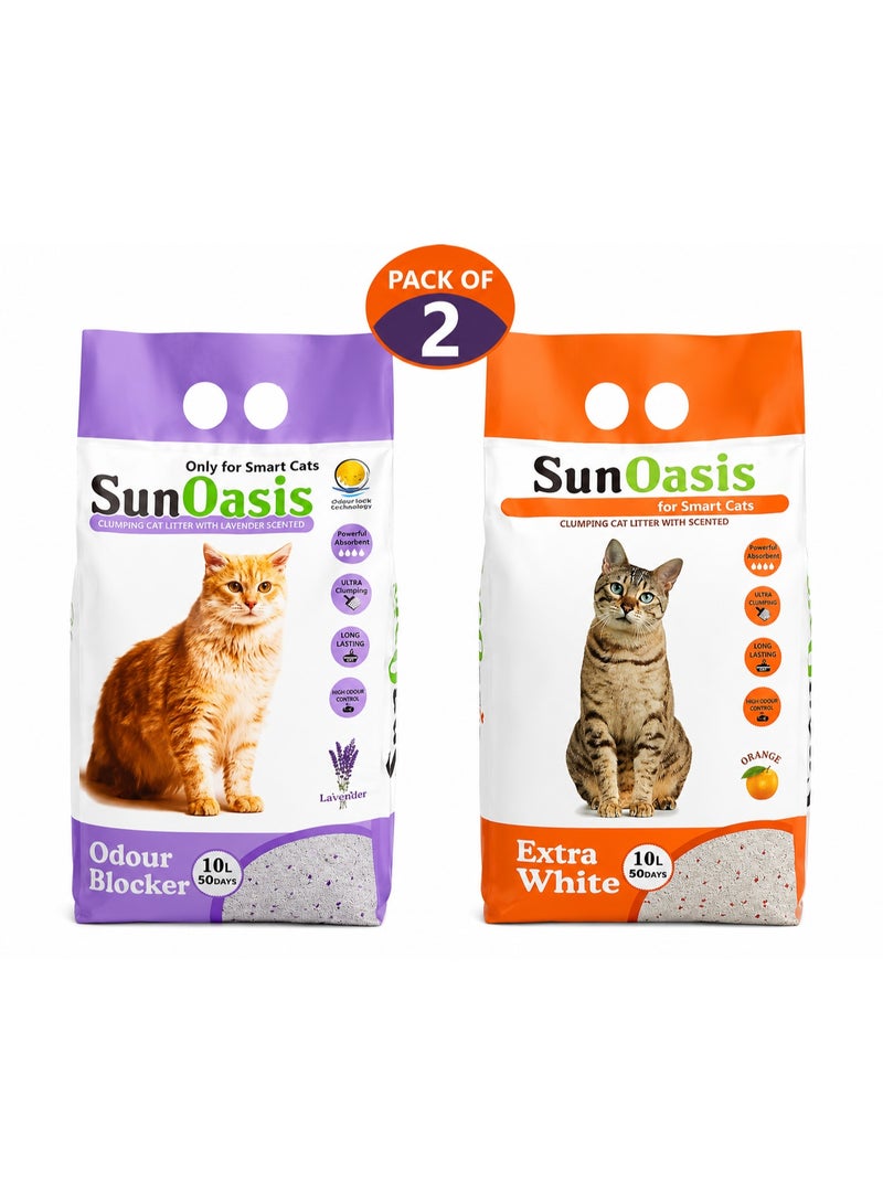 Lavender Pack of 2 Cat Litter 20L – Lavender Clumping Calcium Bentonite + Sun Oasis Orange Scented Clumping Litter - Image 1