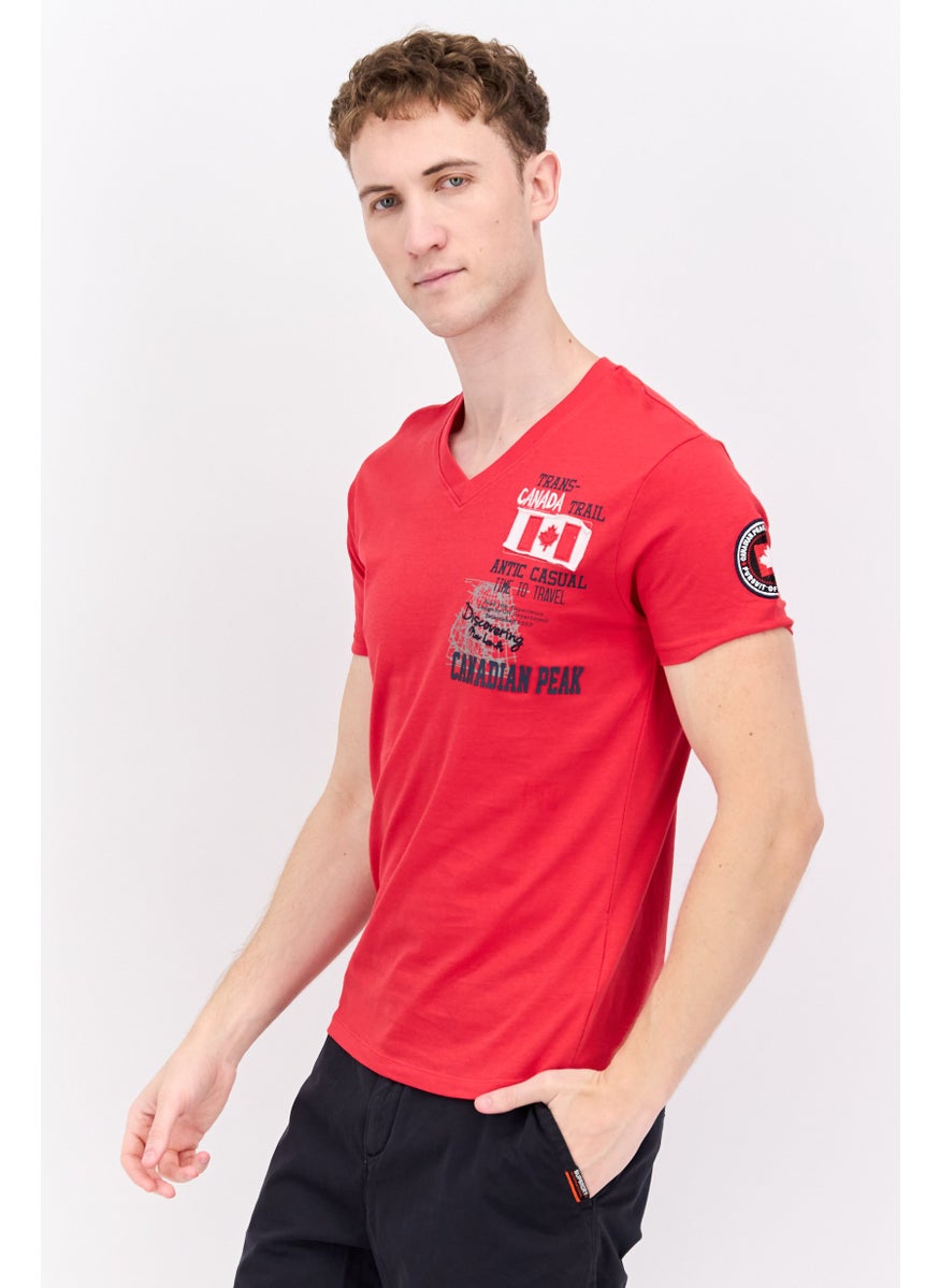 Canadian Peak - Men V Neck Short Sleeve Graphic T Shirt, Red - Image 1