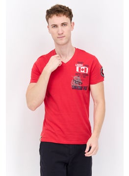 Men V Neck Short Sleeve Graphic T Shirt, Red