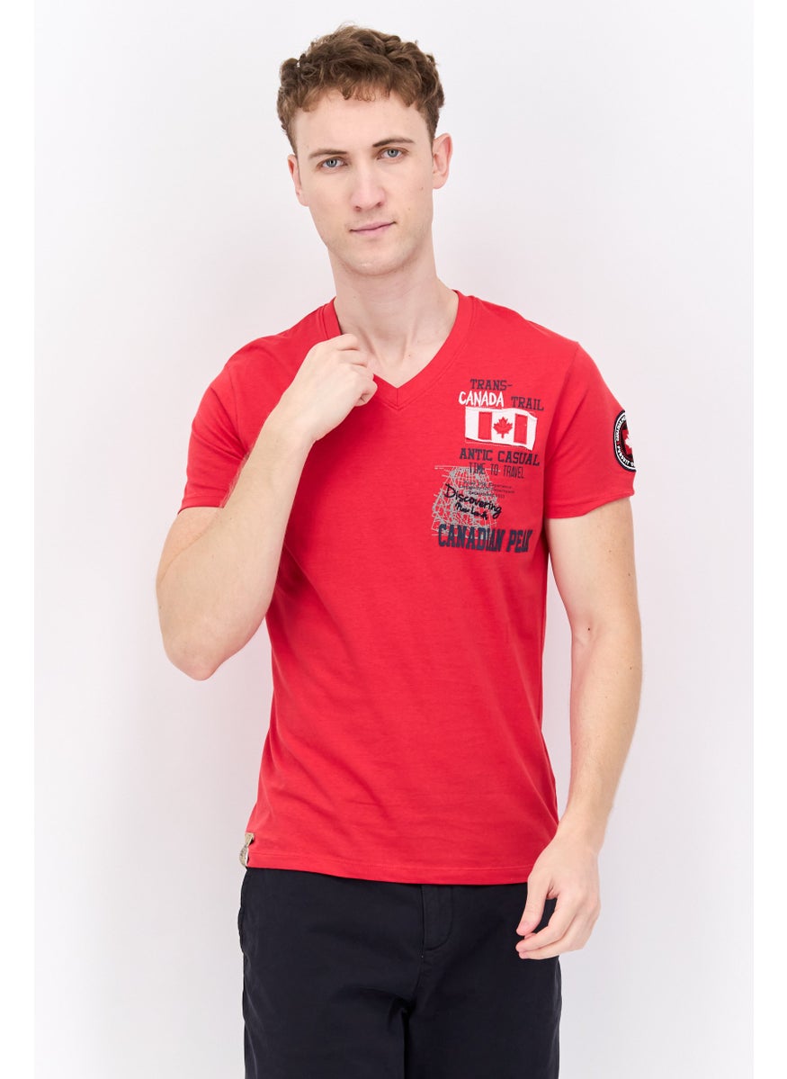 Canadian Peak - Men V Neck Short Sleeve Graphic T Shirt, Red - Image 1
