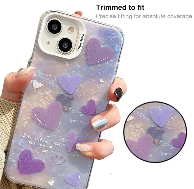 Mobistyle Designed for iPhone 14 Cover Cool Shining Shell Love Heart Pattern Design with TPU Edges Phone Back Cover Case for Girls Women (Bling Heart Purple) - Image 4
