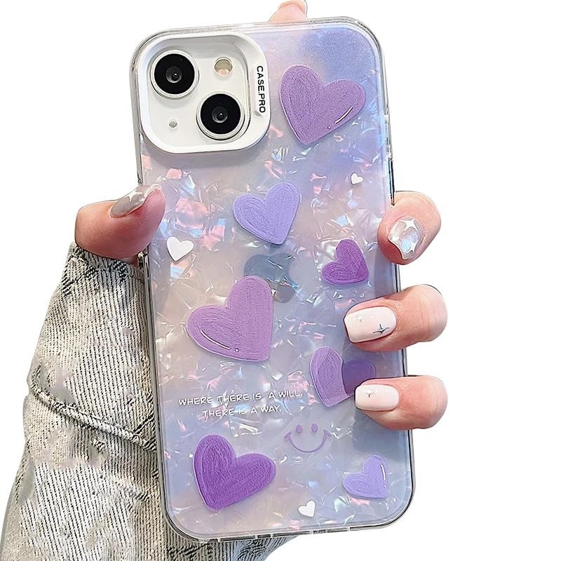 Mobistyle Designed for iPhone 14 Cover Cool Shining Shell Love Heart Pattern Design with TPU Edges Phone Back Cover Case for Girls Women (Bling Heart Purple) - Image 1