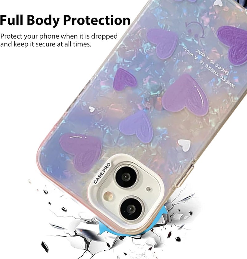 Mobistyle Designed for iPhone 14 Cover Cool Shining Shell Love Heart Pattern Design with TPU Edges Phone Back Cover Case for Girls Women (Bling Heart Purple) - Image 2