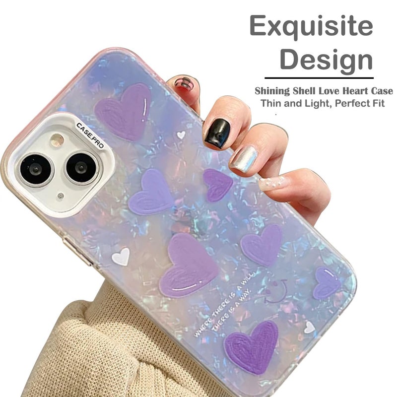 Mobistyle Designed for iPhone 14 Cover Cool Shining Shell Love Heart Pattern Design with TPU Edges Phone Back Cover Case for Girls Women (Bling Heart Purple) - Image 3