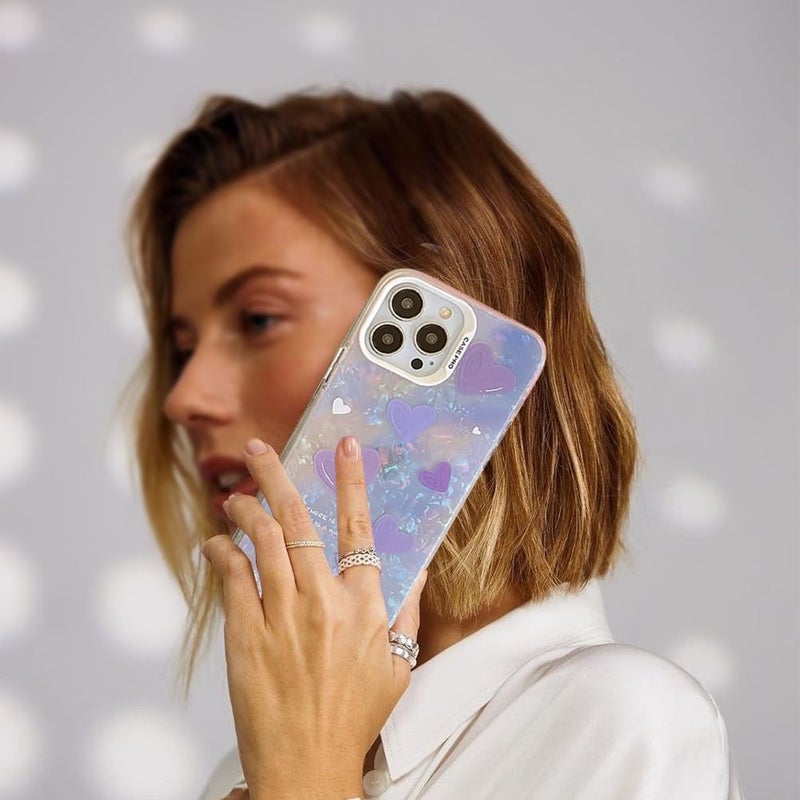 Mobistyle Designed for iPhone 14 Cover Cool Shining Shell Love Heart Pattern Design with TPU Edges Phone Back Cover Case for Girls Women (Bling Heart Purple) - Image 5