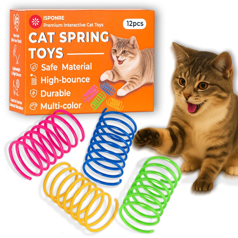 ISPONRE Cat Spring Toys for Indoor Cats, Springy & Durable PET Plastic Spiral Coil Cat Toy, Interactive Self Play for Boredom Relief, 12 Pack - Image 1