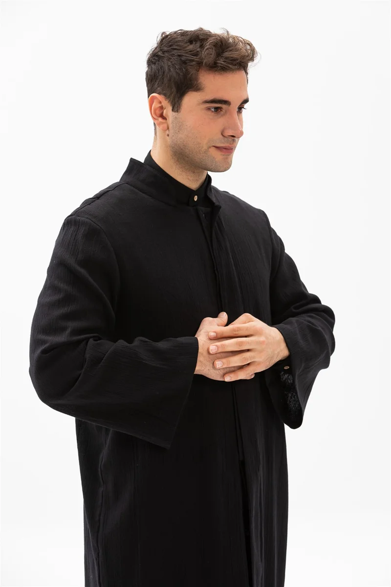 Eliş Şile Bezi Şile Cloth Slim Men's Prayer Robe Summer Prayer Cloth Cotton Fabric Robe Black Syh