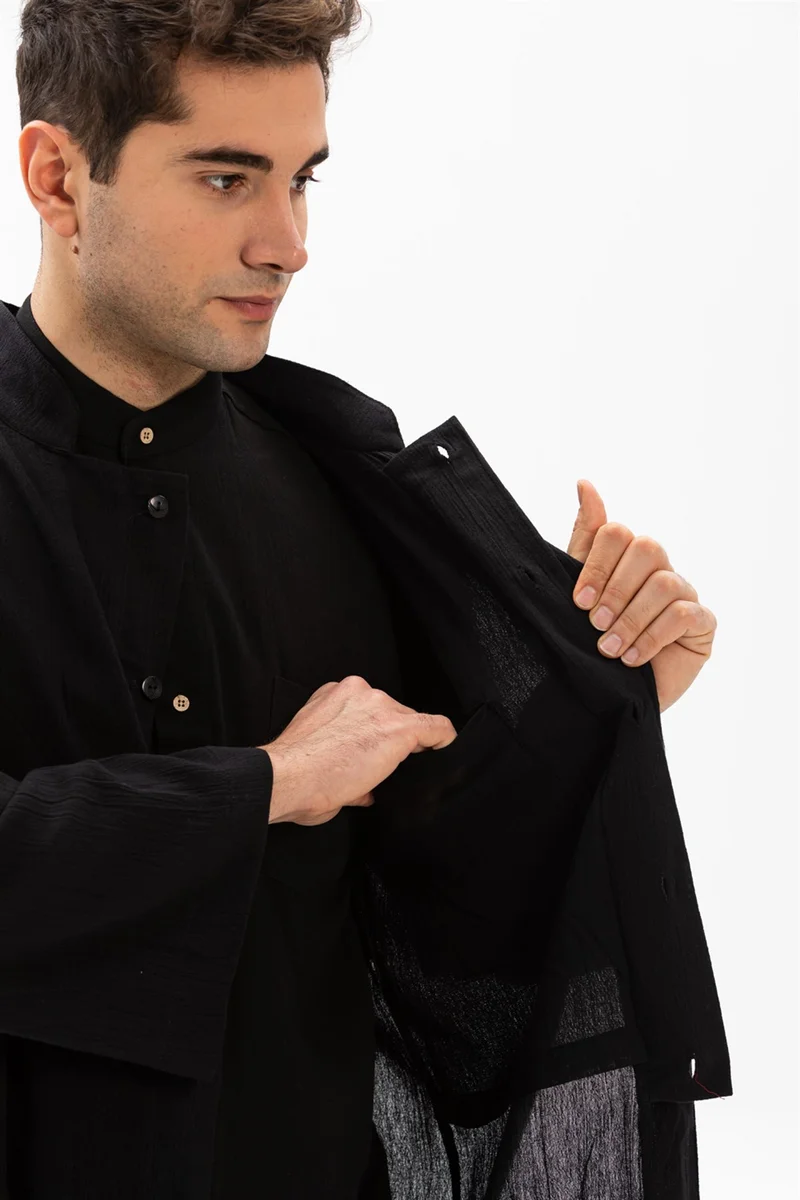 Eliş Şile Bezi Şile Cloth Slim Men's Prayer Robe Summer Prayer Cloth Cotton Fabric Robe Black Syh