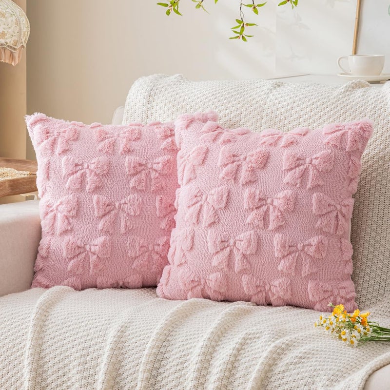 Yuubin Pink Bow Throw Pillow Covers 18x18in Set of 2Christmas Coquette Soft Plush Faux Fur Pillow Case for Large Couch Sofa Home Room Indoor Outdoor Holiday Decorations - Image 2