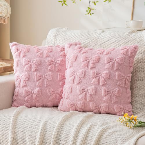Yuubin Pink Bow Throw Pillow Covers 18x18in Set of 2Christmas Coquette Soft Plush Faux Fur Pillow Case for Large Couch Sofa Home Room Indoor Outdoor Holiday Decorations - Image 1