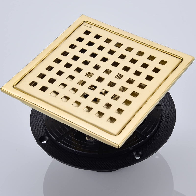 SEABEFORE Shower Drain 6 Inch Brushed GoldStainless Square Shower Floor Drain Kit with Tile Insert Grate Removable Multipurpose Invisible Look or Flat Cover with Threaded Adapter