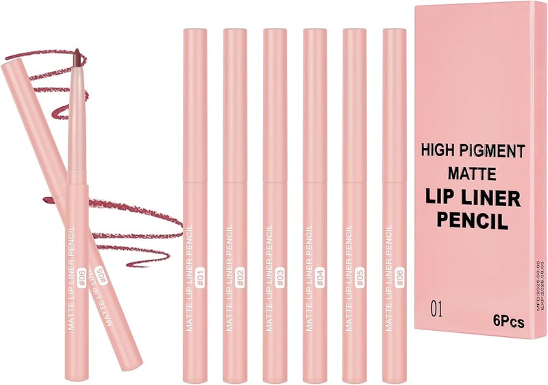 LOPHE 6 Pcs Matte Lip Liner Set Waterproof Long Lasting High Pigmented Nude Red Brown Lip Liners for WomenPlumping Lip Definer Pencil for Daily Makeup and Special Occasions