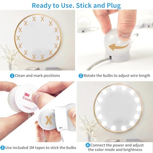 NEWKAZ LED Vanity Mirror Lights with 14 Dimmable Bulbs, 3000K 4500K 6500K & 10 Brightness Levels Adjustable, Plug in USB Cable, Hollywood Style Stick On Mirror Lights for Makeup Desk Bathroom Dressing Room - Image 5