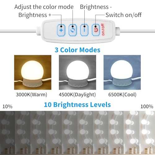 NEWKAZ LED Vanity Mirror Lights with 14 Dimmable Bulbs, 3000K 4500K 6500K & 10 Brightness Levels Adjustable, Plug in USB Cable, Hollywood Style Stick On Mirror Lights for Makeup Desk Bathroom Dressing Room - Image 2
